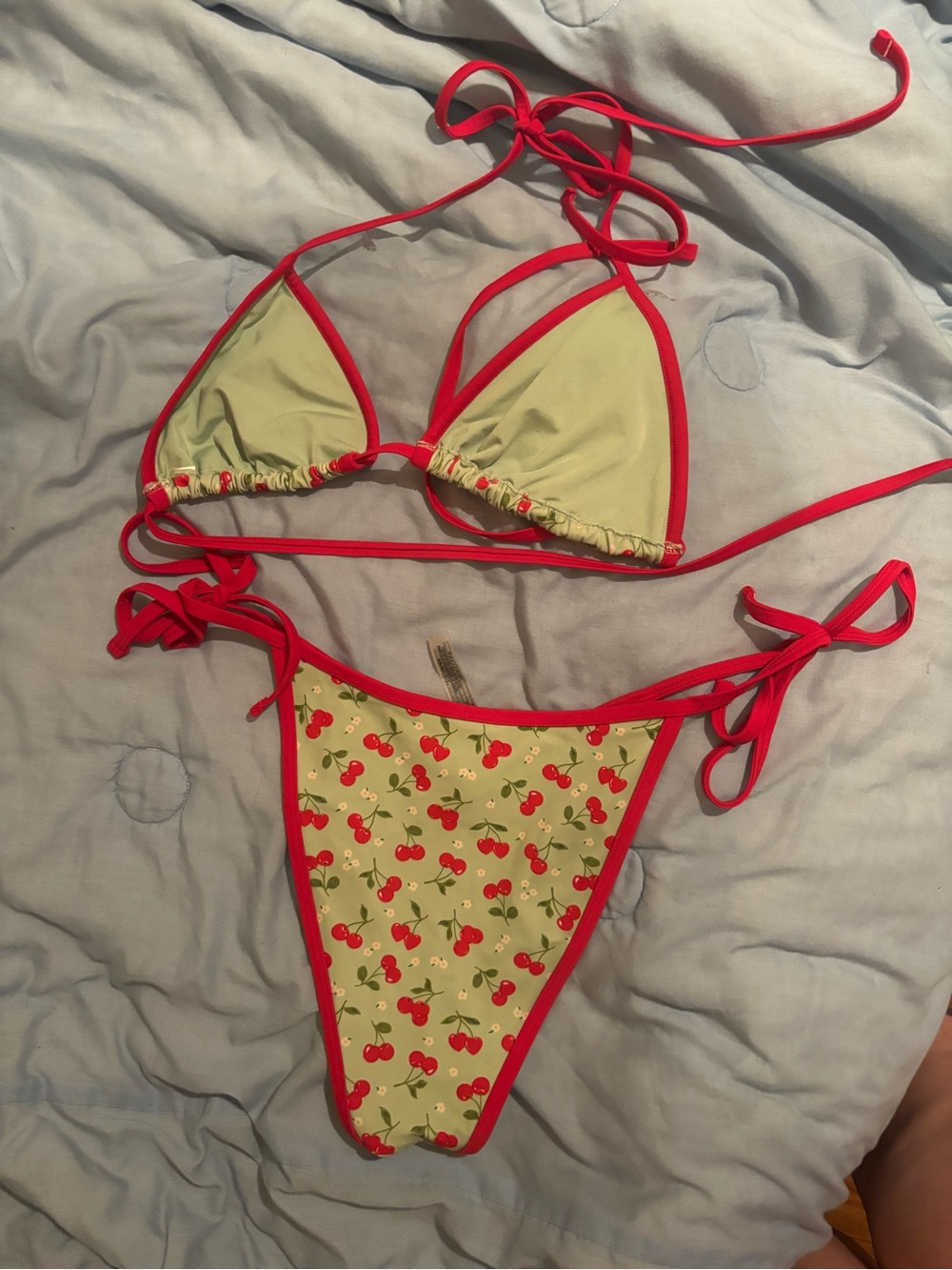 PINK Victoria's Secret Green Cherry-Print Triangle Bikini with Red Trim